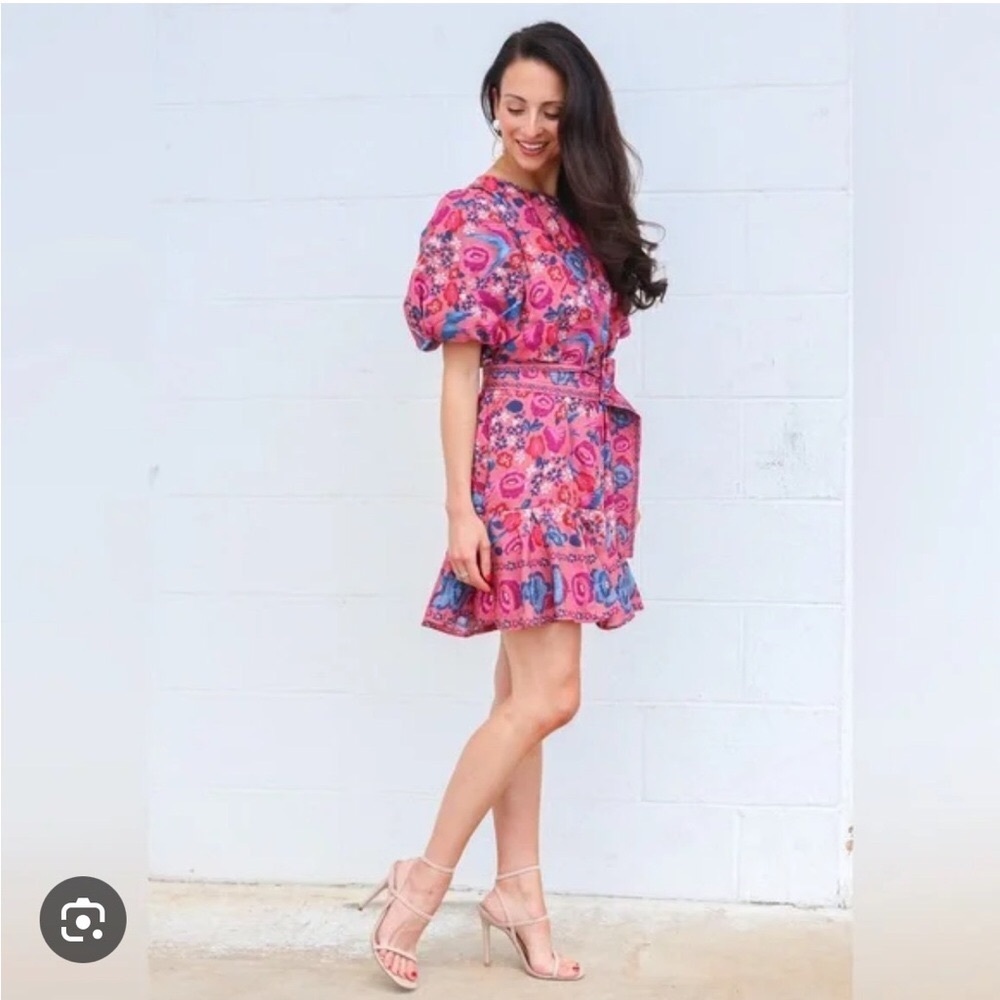 💥 FARM RIO Blush Floral Bird Mini Dress w Belt Sz S - Picture 2 of 13